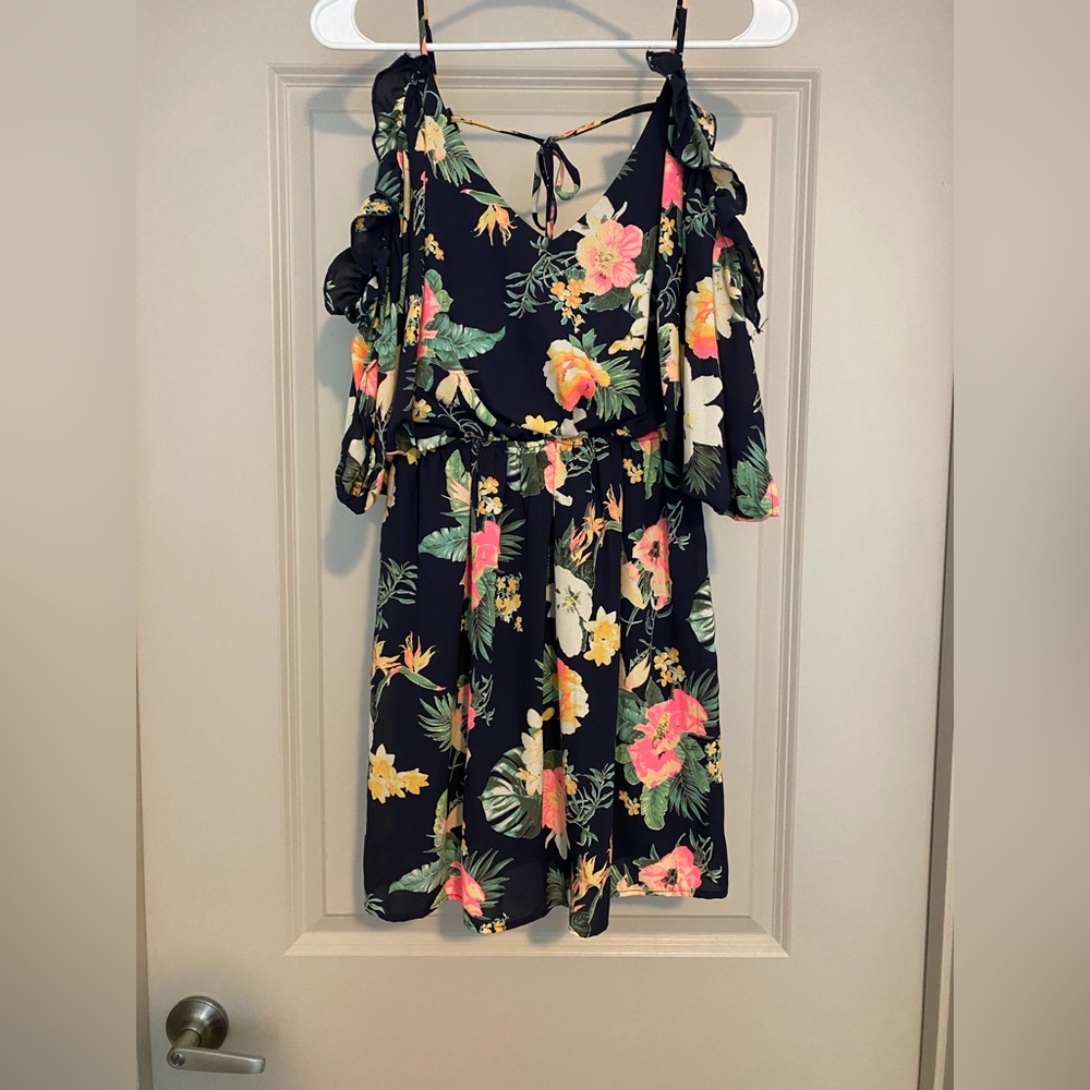 Peach Love California Floral Open Shoulder Mini Sun Dress